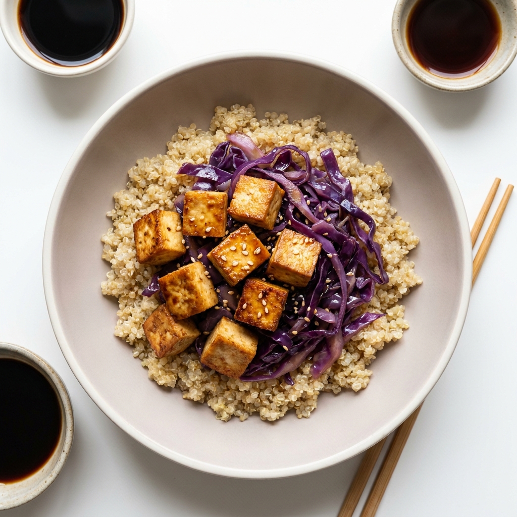 Crispy Tofu and Red Cabbage Quinoa Bowl, prepared as a finished Lila recipe