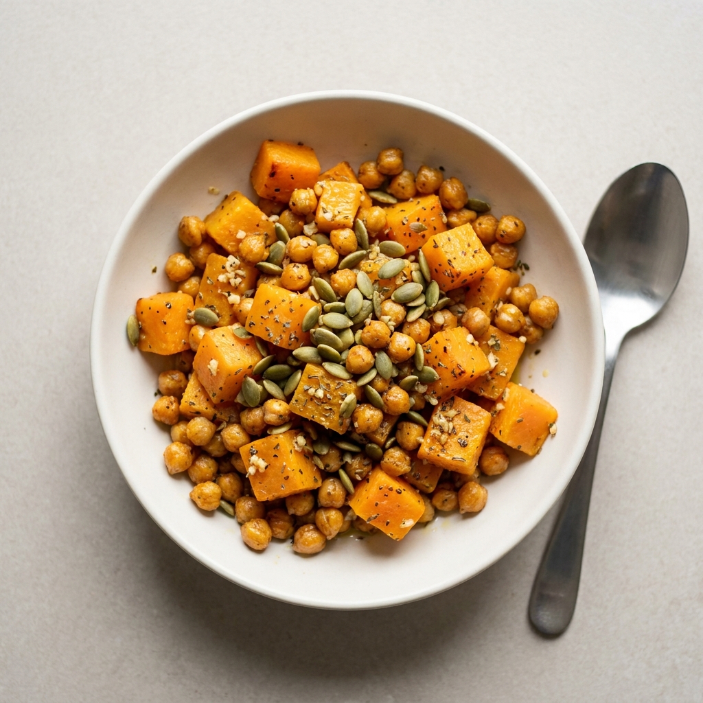 Herb Baked Butternut Squash and Chickpeas, prepared as a finished Lila recipe