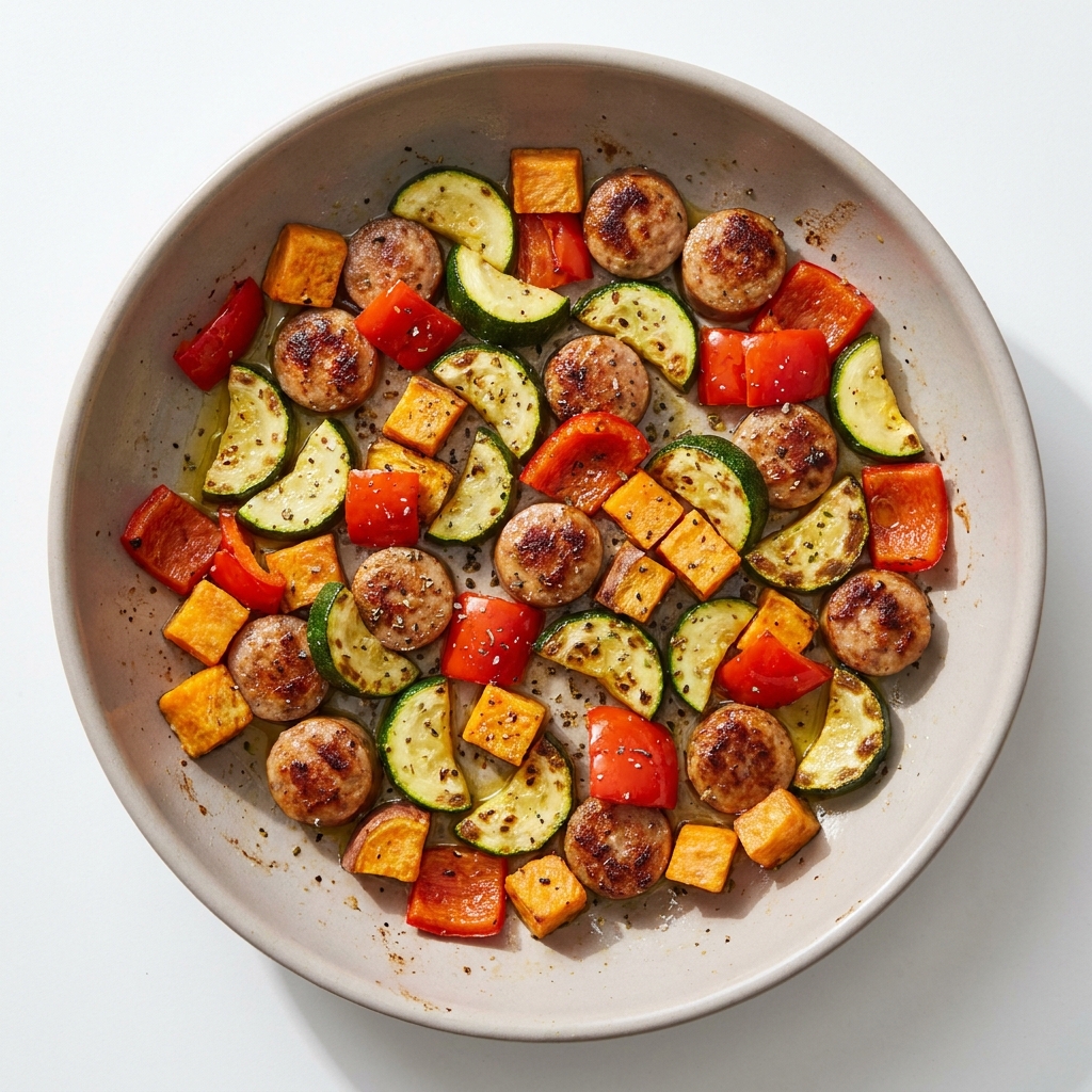 Pan Roasted Chicken Sausage and Summer Vegetable Skillet, prepared as a finished Lila recipe