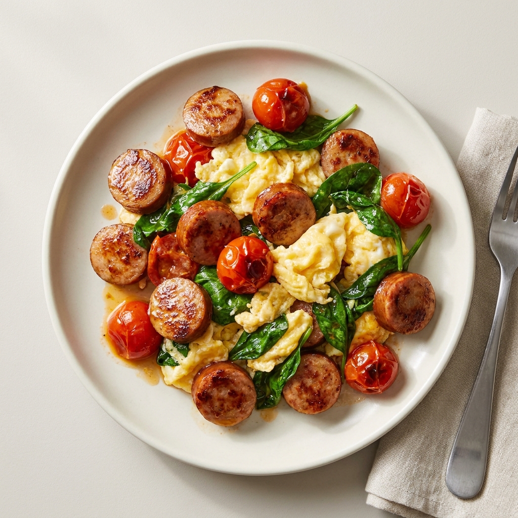 Quick Chicken Sausage and Egg Breakfast Skillet, prepared as a finished Lila recipe