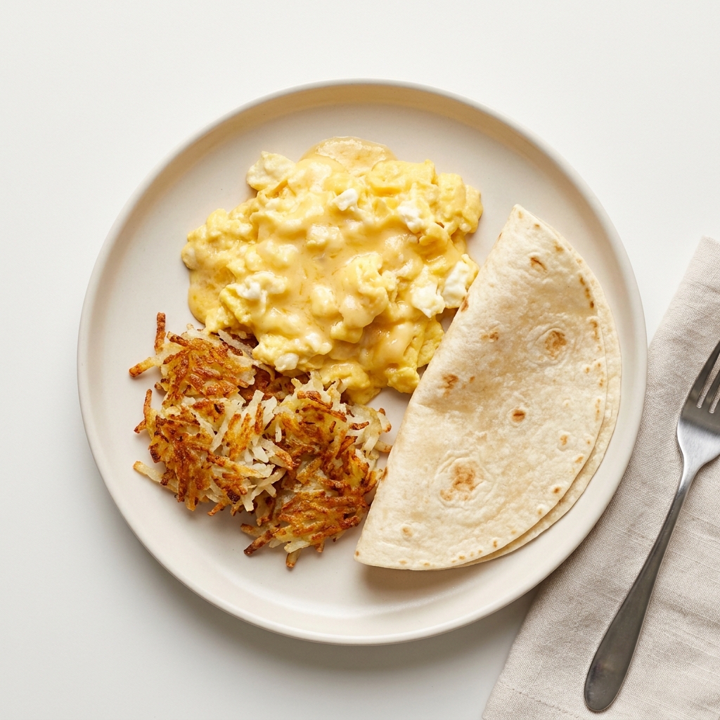 Cheesy Gouda Egg Scramble with Hash Browns and Wrap, prepared as a finished Lila recipe