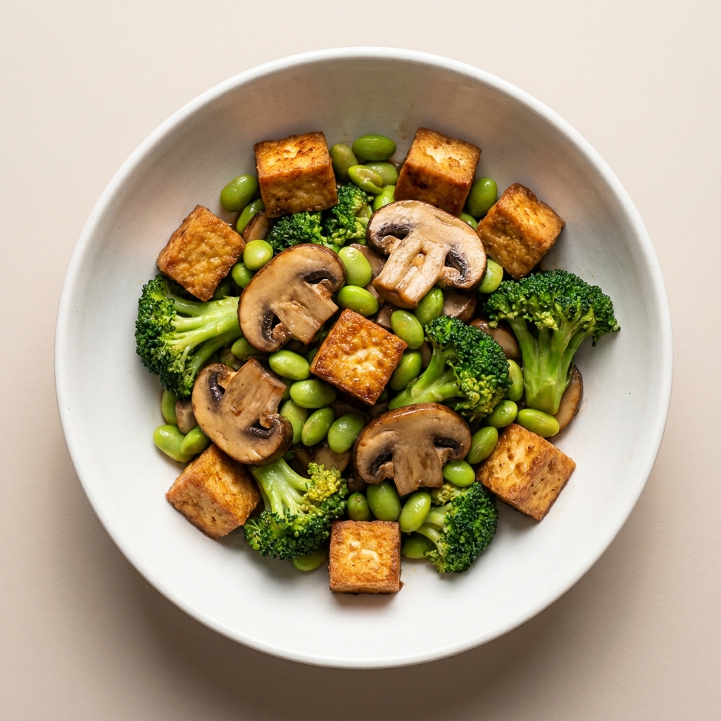 High-Protein Tofu and Mushroom Vegetable Stir-Fry, prepared as a finished Lila recipe