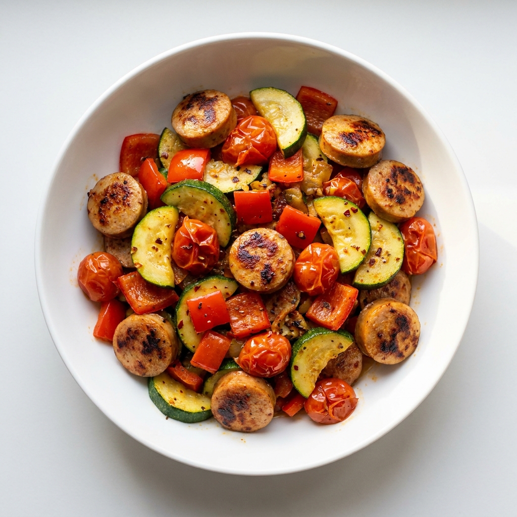 Pan-Roasted Chicken Sausage and Summer Vegetable Skillet, prepared as a finished Lila recipe
