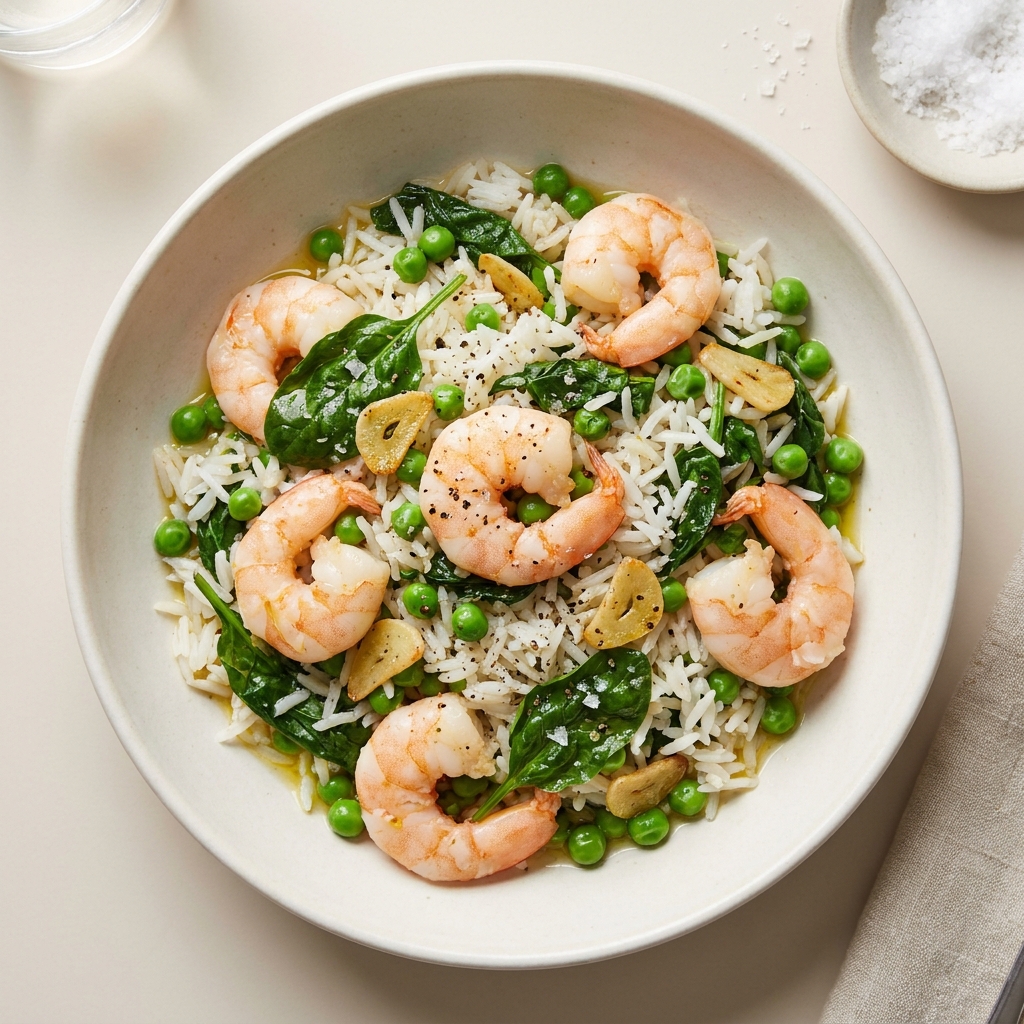 Quick Garlic King Prawn and Pea Basmati Rice, prepared as a finished Lila recipe