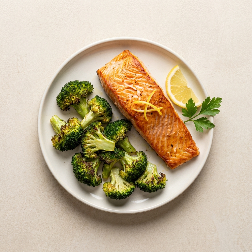 Air Fryer Lemon Salmon with Roasted Broccoli, prepared as a finished Lila recipe