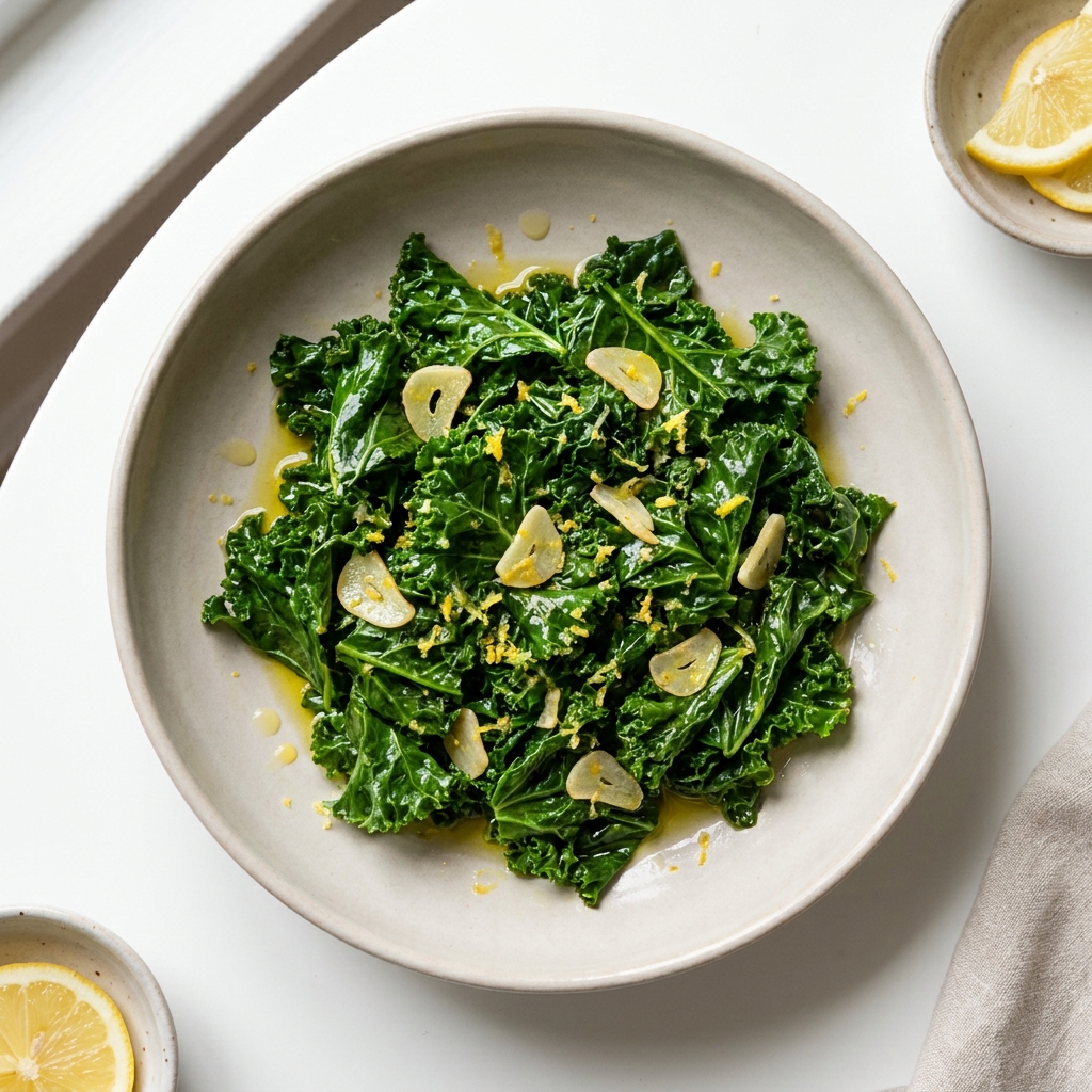 Garlic Lemon Sauteed Kale, prepared as a finished Lila recipe