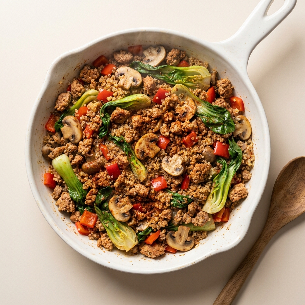 Smoky Turkey and Mushroom Quinoa Skillet, prepared as a finished Lila recipe