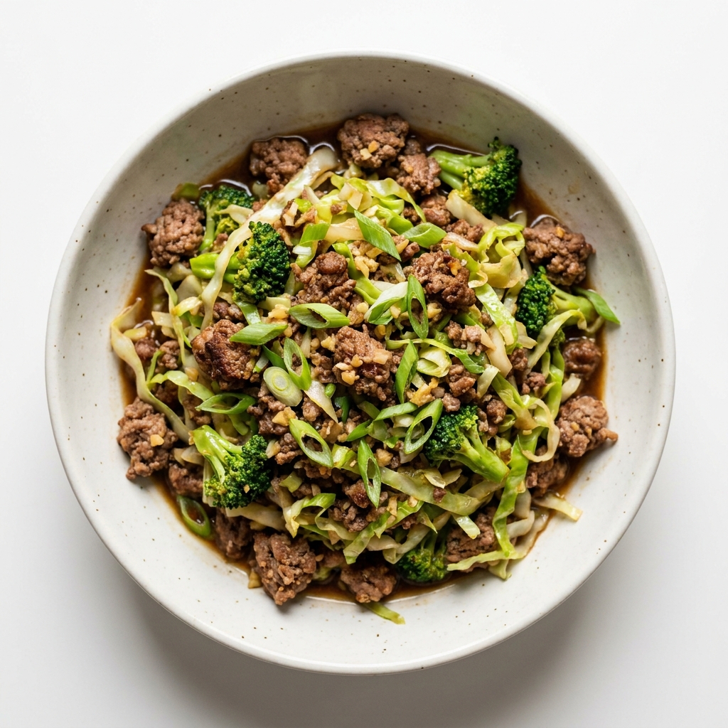 Ginger Ground Beef and Cabbage Stir Fry Bowl, prepared as a finished Lila recipe