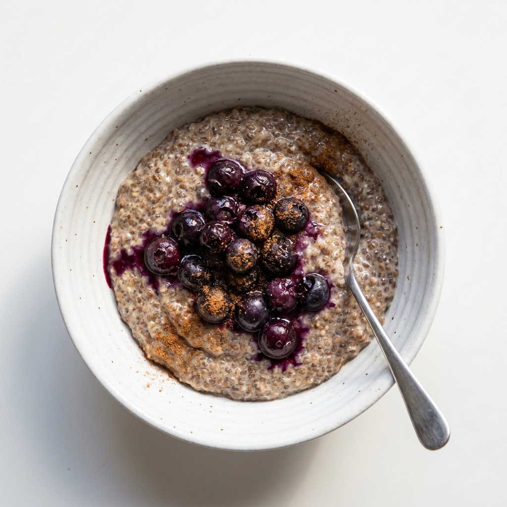 Warm Flax and Berry Chia Pudding, prepared as a finished Lila recipe