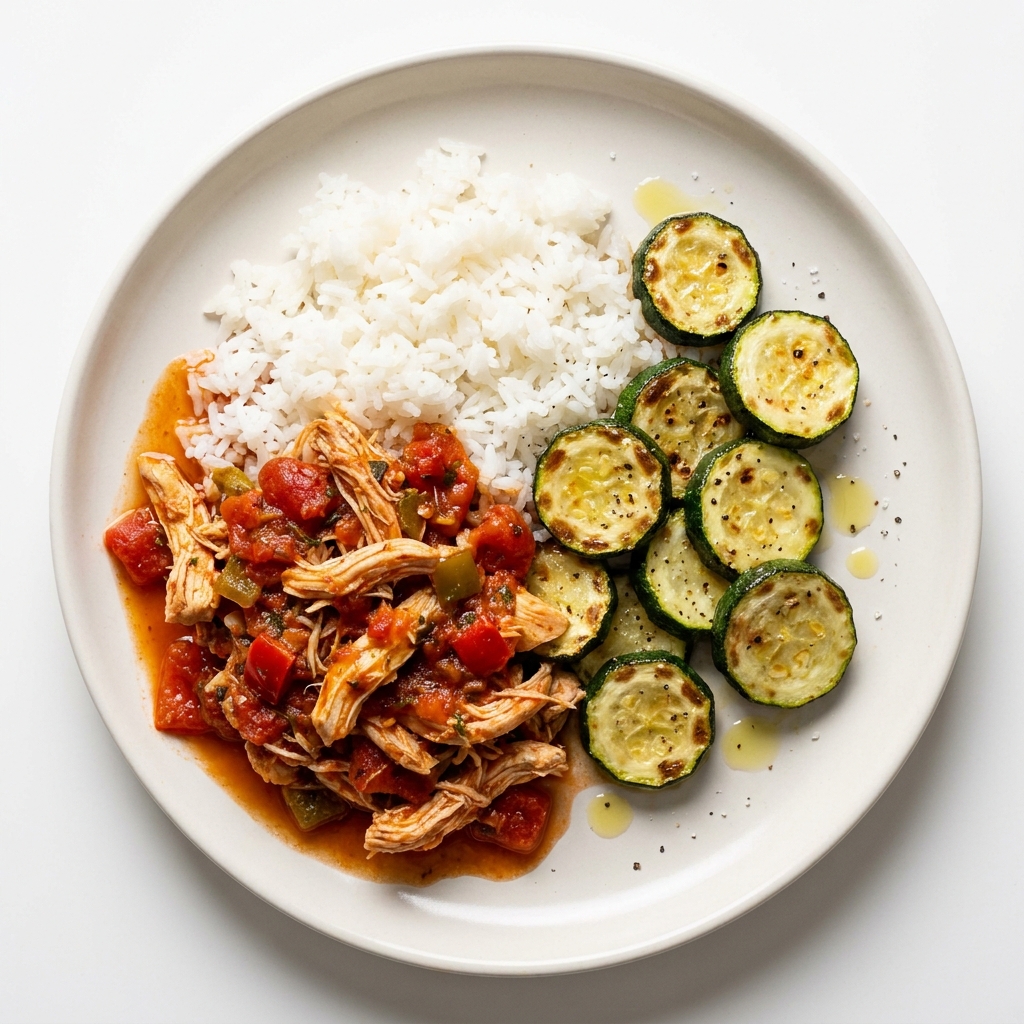 Crockpot Salsa Chicken with Rice and Zucchini, prepared as a finished Lila recipe