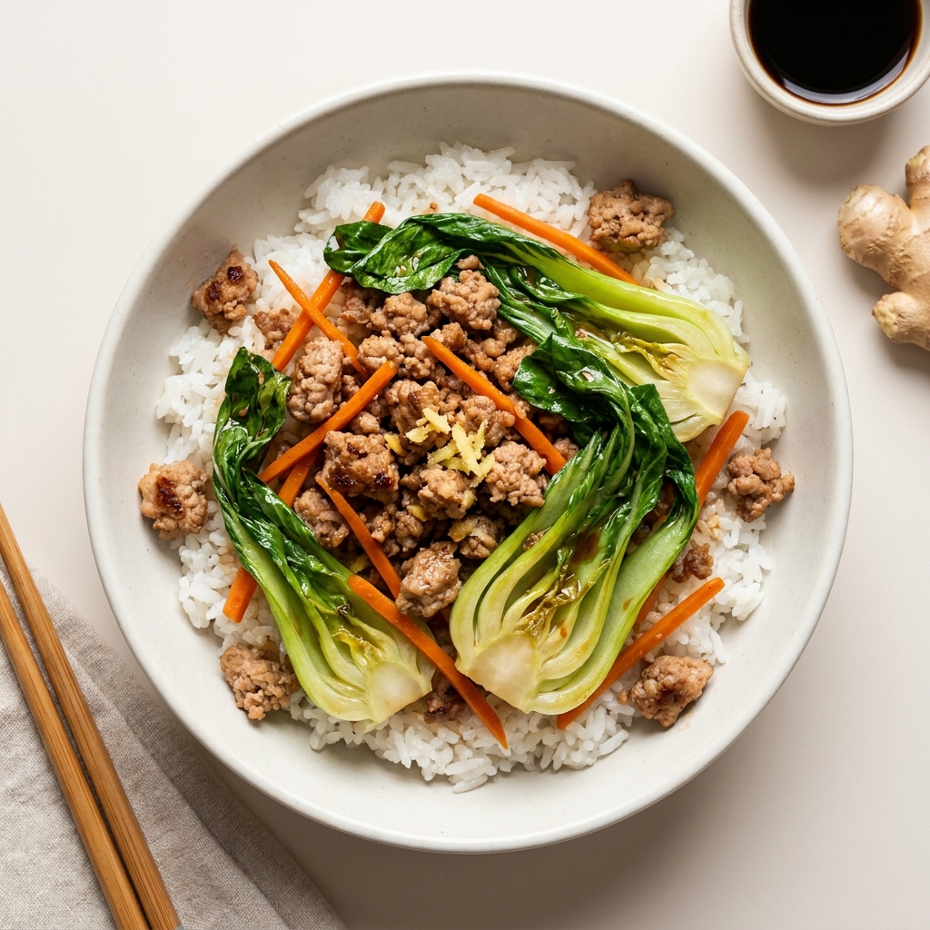 Ground Turkey and Bok Choy Stir-Fry, prepared as a finished Lila recipe
