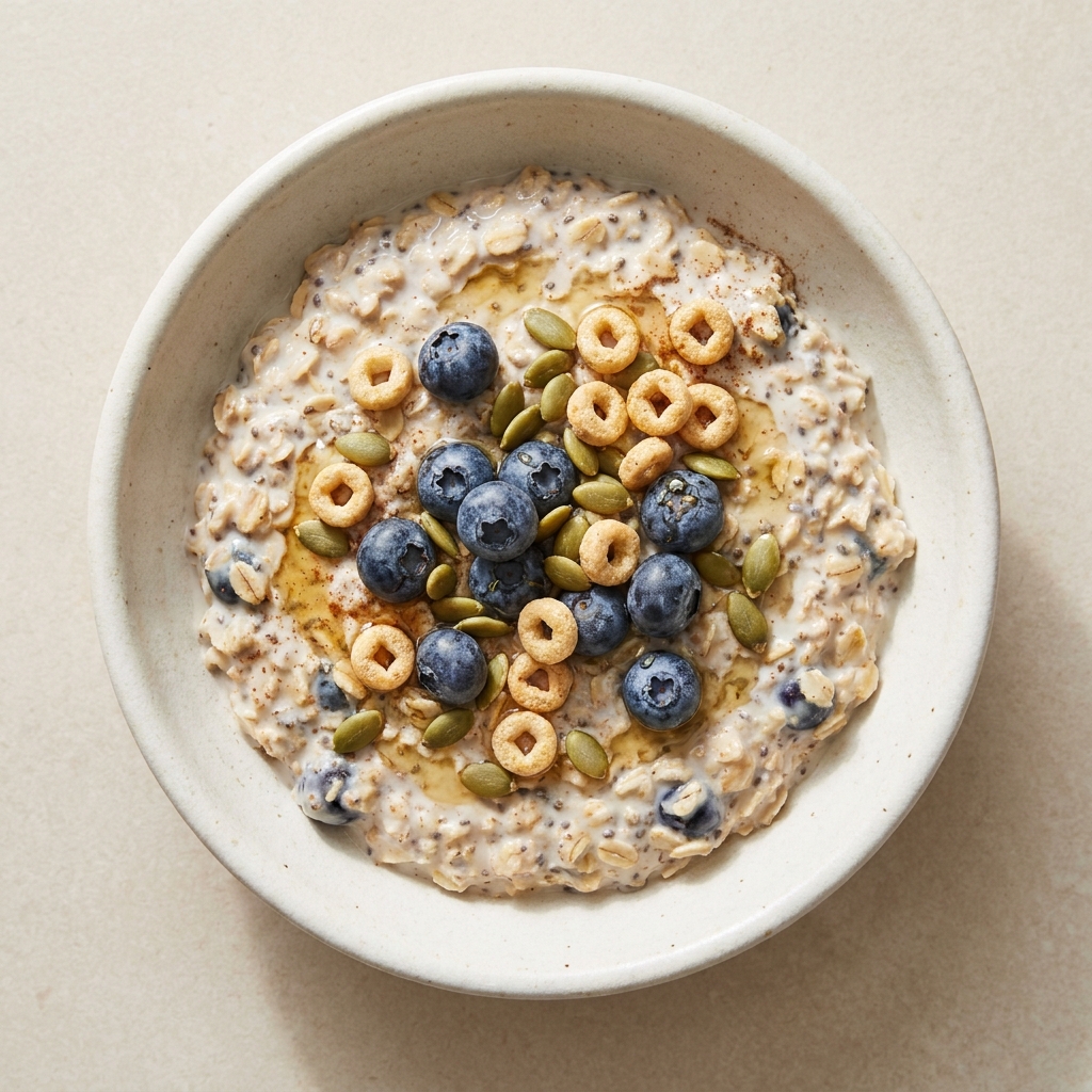 Creamy Blueberry Overnight Oats With Crunchy Topping, prepared as a finished Lila recipe
