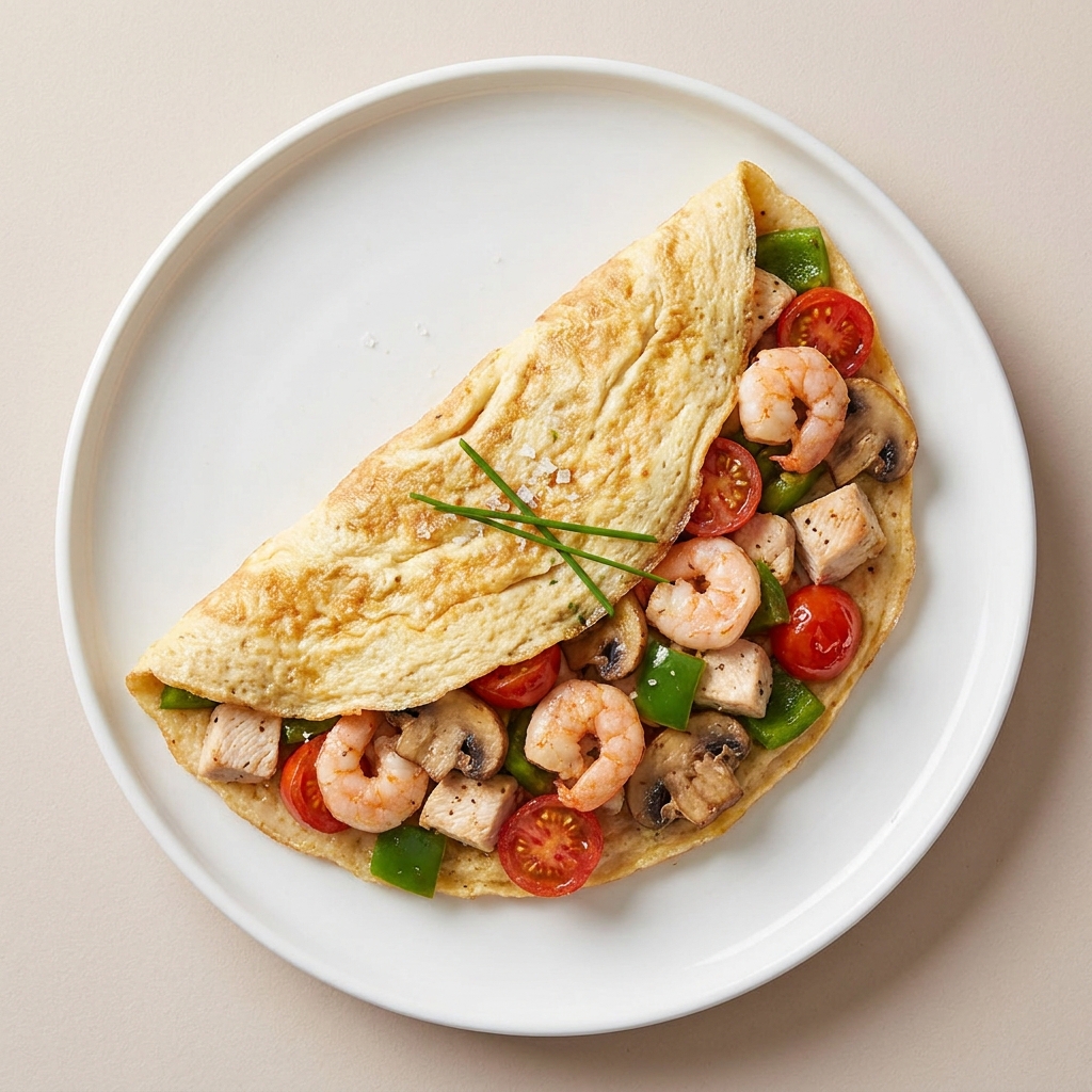 High-Protein Chicken, Prawn and Veggie Omelette, prepared as a finished Lila recipe