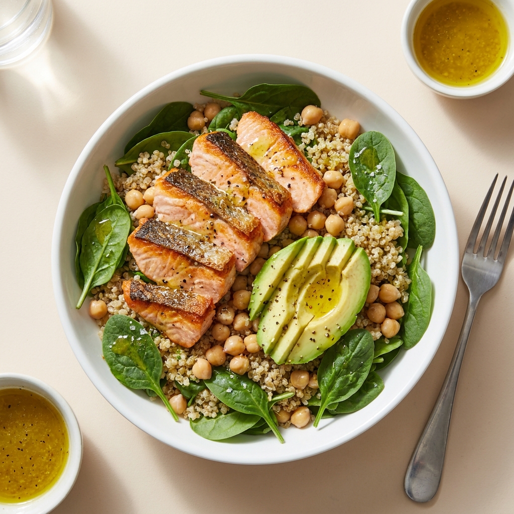 Salmon Avocado and Chickpea Power Salad Bowl, prepared as a finished Lila recipe