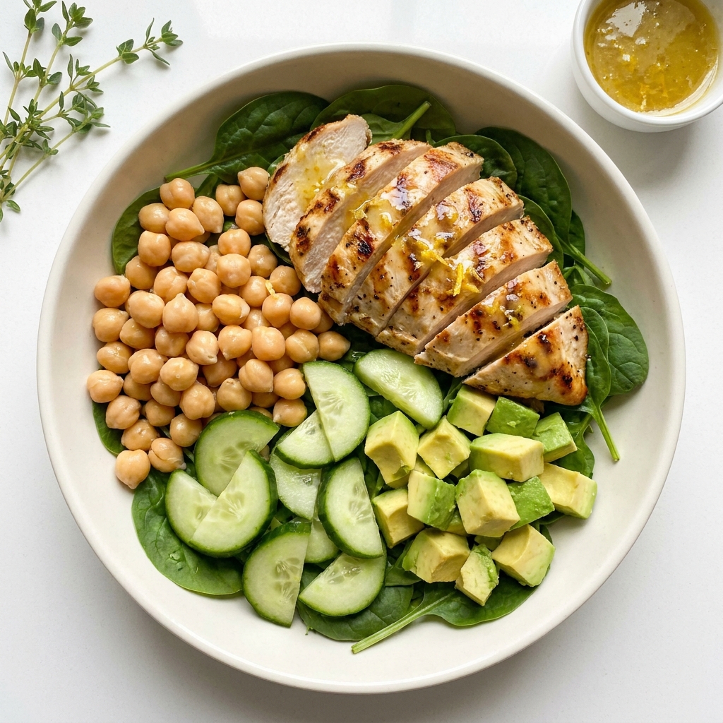 Grilled Chicken and Chickpea Power Greens Bowl, prepared as a finished Lila recipe