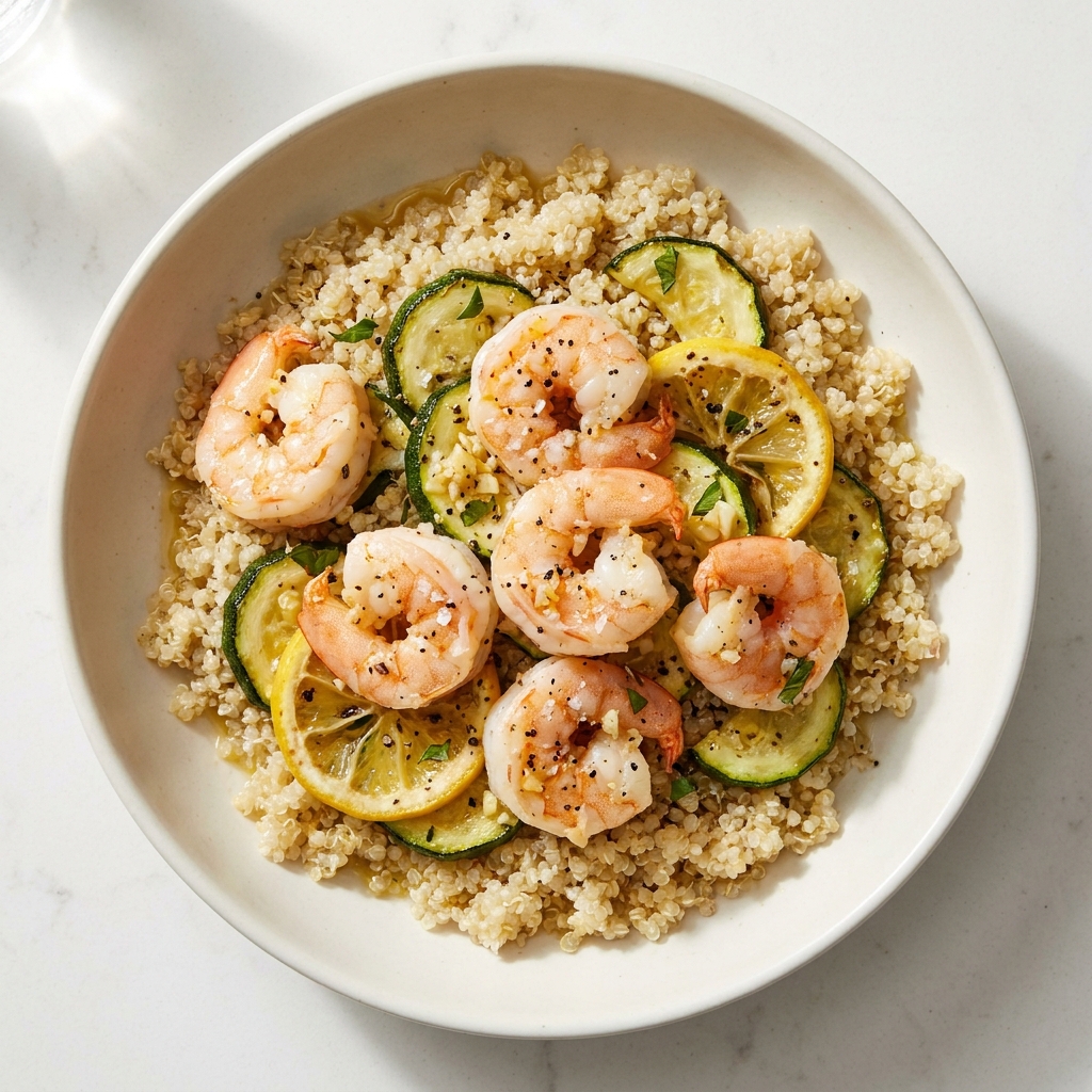 Sheet Pan Lemon Garlic Shrimp with Zucchini and Quinoa, prepared as a finished Lila recipe