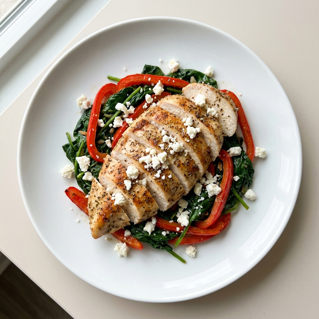 Pan-Seared Greek Chicken with Garlic Spinach and Peppers, prepared as a finished Lila recipe