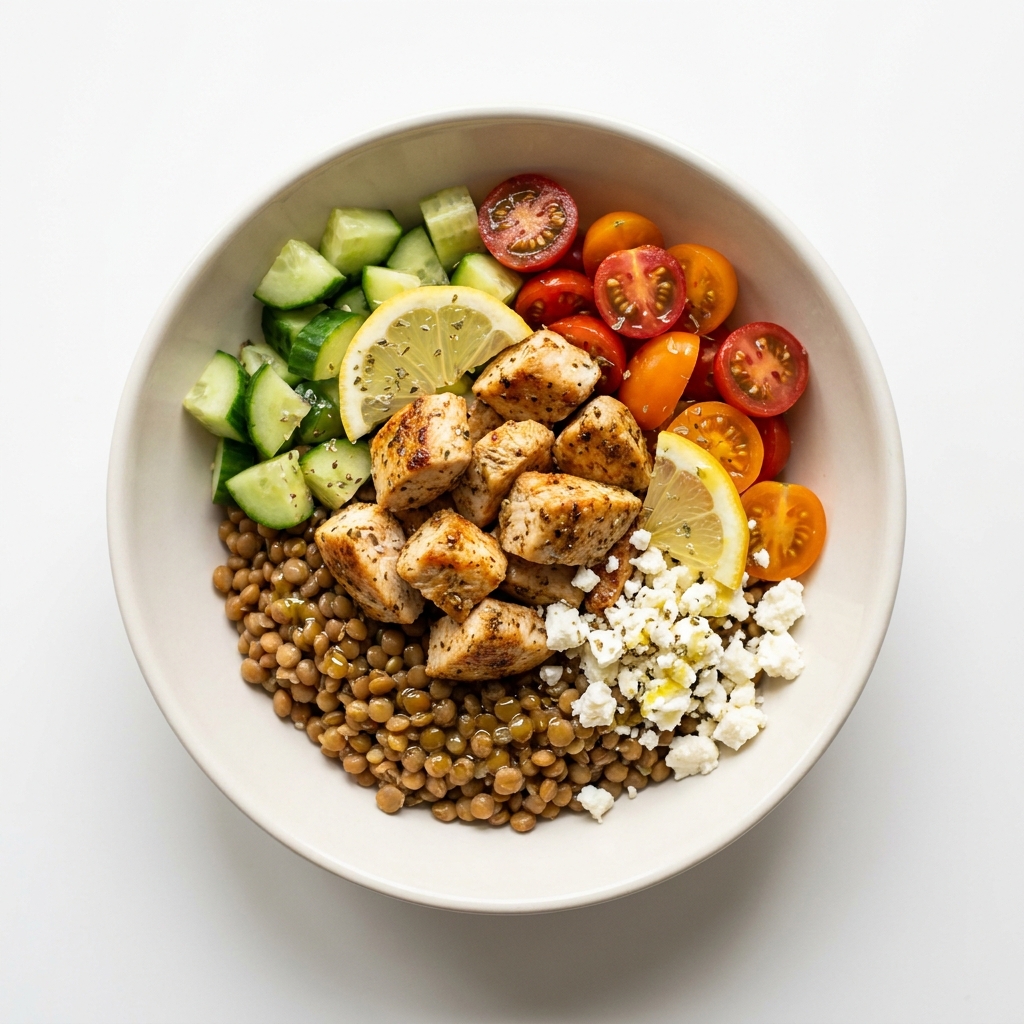 Mediterranean Chicken and Lentil Bowl, prepared as a finished Lila recipe