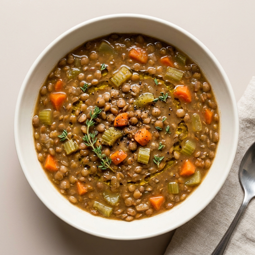 Hearty Mediterranean Lentil Soup, prepared as a finished Lila recipe