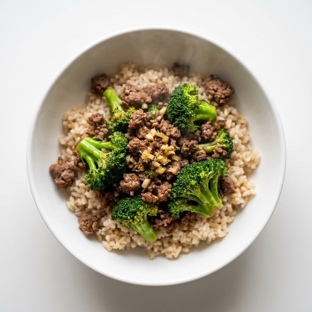 Garlic Beef and Broccoli Rice Bowl, prepared as a finished Lila recipe
