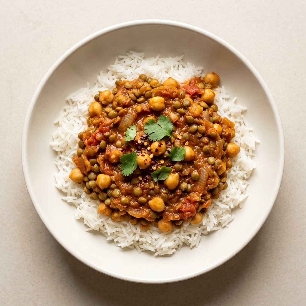 Comforting Chickpea and Green Lentil Curry, prepared as a finished Lila recipe