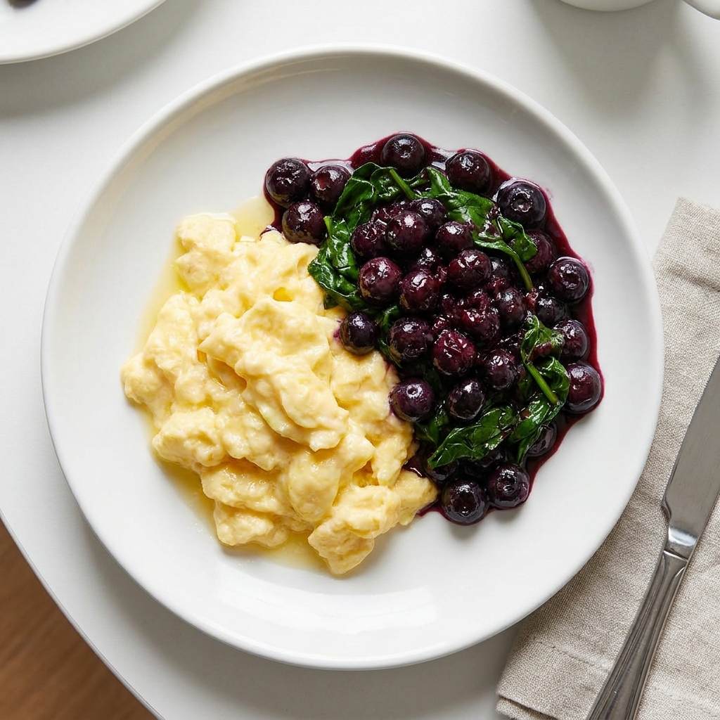 Gentle Scrambled Eggs with Warm Stewed Blueberries, prepared as a finished Lila recipe