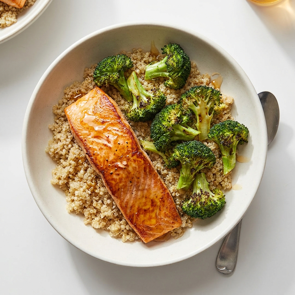 Honey Salmon Quinoa Bowl, prepared as a finished Lila recipe