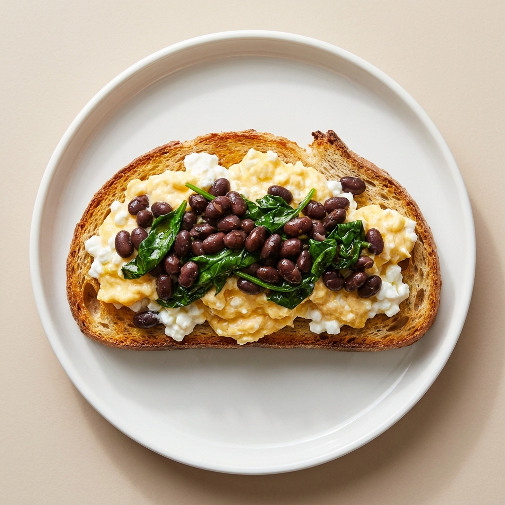 Sourdough Toast with Scrambled Eggs, Cottage Cheese, and Warm Black Beans, prepared as a finished Lila recipe