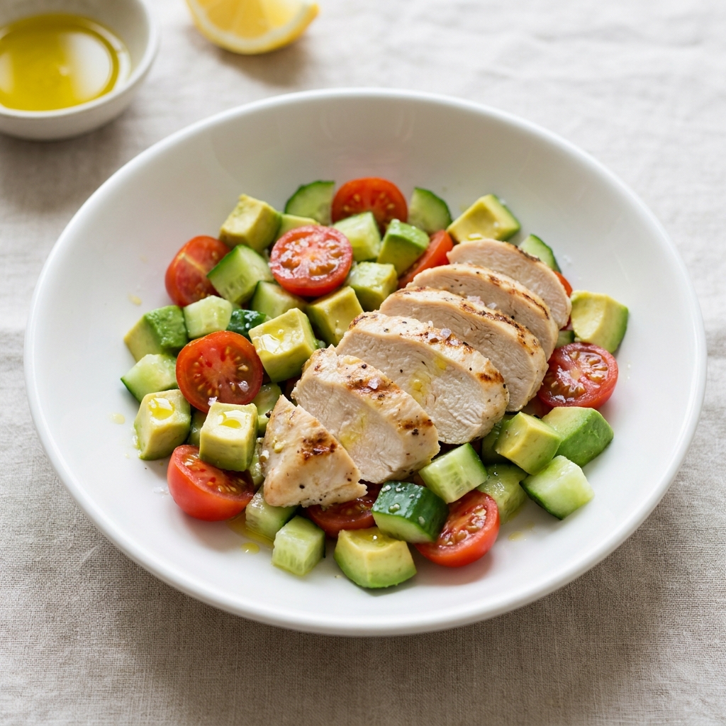 Grilled Chicken Avocado Cucumber Salad, prepared as a finished Lila recipe