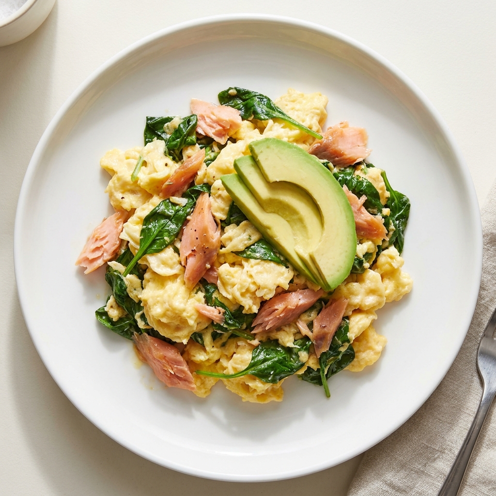 Smoked Salmon and Spinach Egg Scramble, prepared as a finished Lila recipe