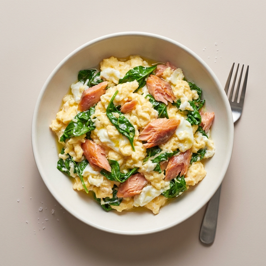 Smoked Salmon and Baby Kale Egg Scramble, prepared as a finished Lila recipe