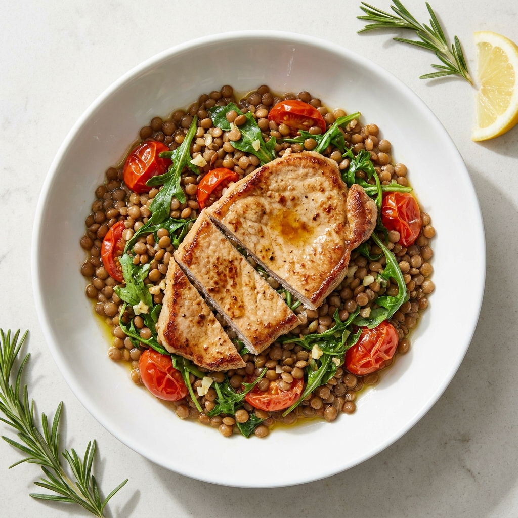 Pan-Seared Veal Cutlets with Warm Rosemary Lentils, prepared as a finished Lila recipe