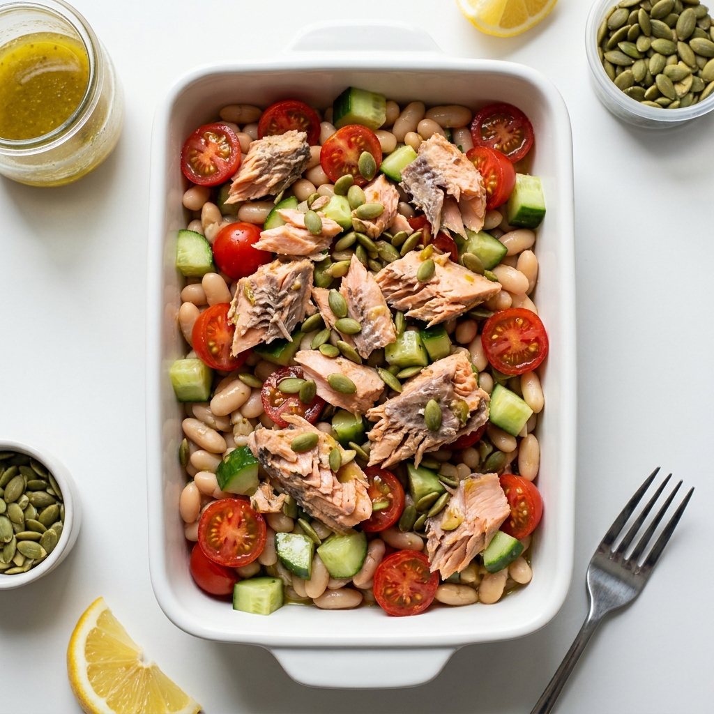 Salmon and White Bean Mediterranean Meal Prep Salad, prepared as a finished Lila recipe