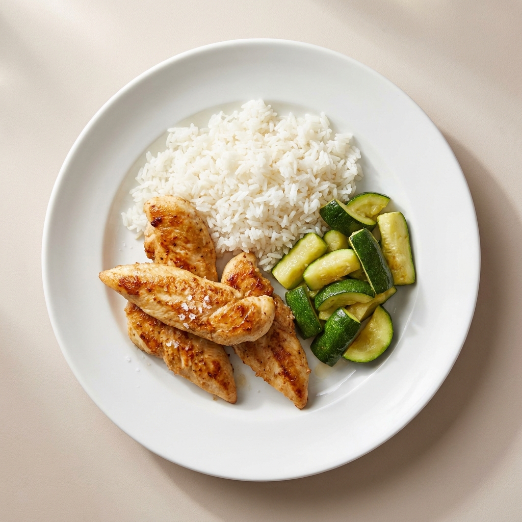 Gentle Chicken Tenders with Steamed Jasmine Rice, prepared as a finished Lila recipe