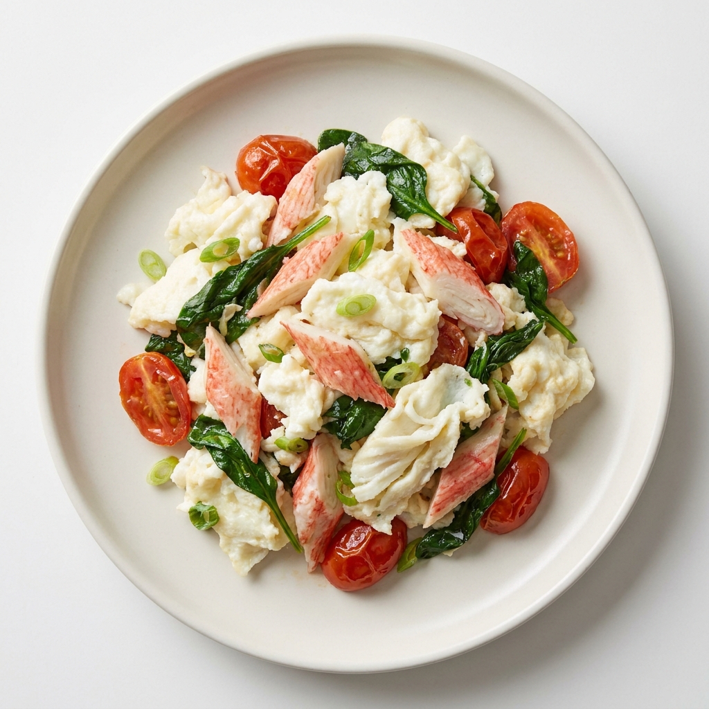 Warm Imitation Crab and Egg White Scramble, prepared as a finished Lila recipe