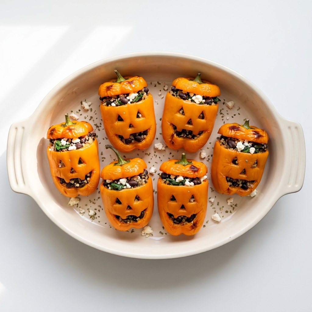 Stuffed Jack-o'-Lantern Mediterranean Mini Bell Peppers, prepared as a finished Lila recipe