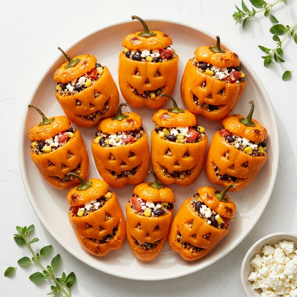 Halloween Stuffed Jack-o'-Lantern Mini Bell Peppers, prepared as a finished Lila recipe