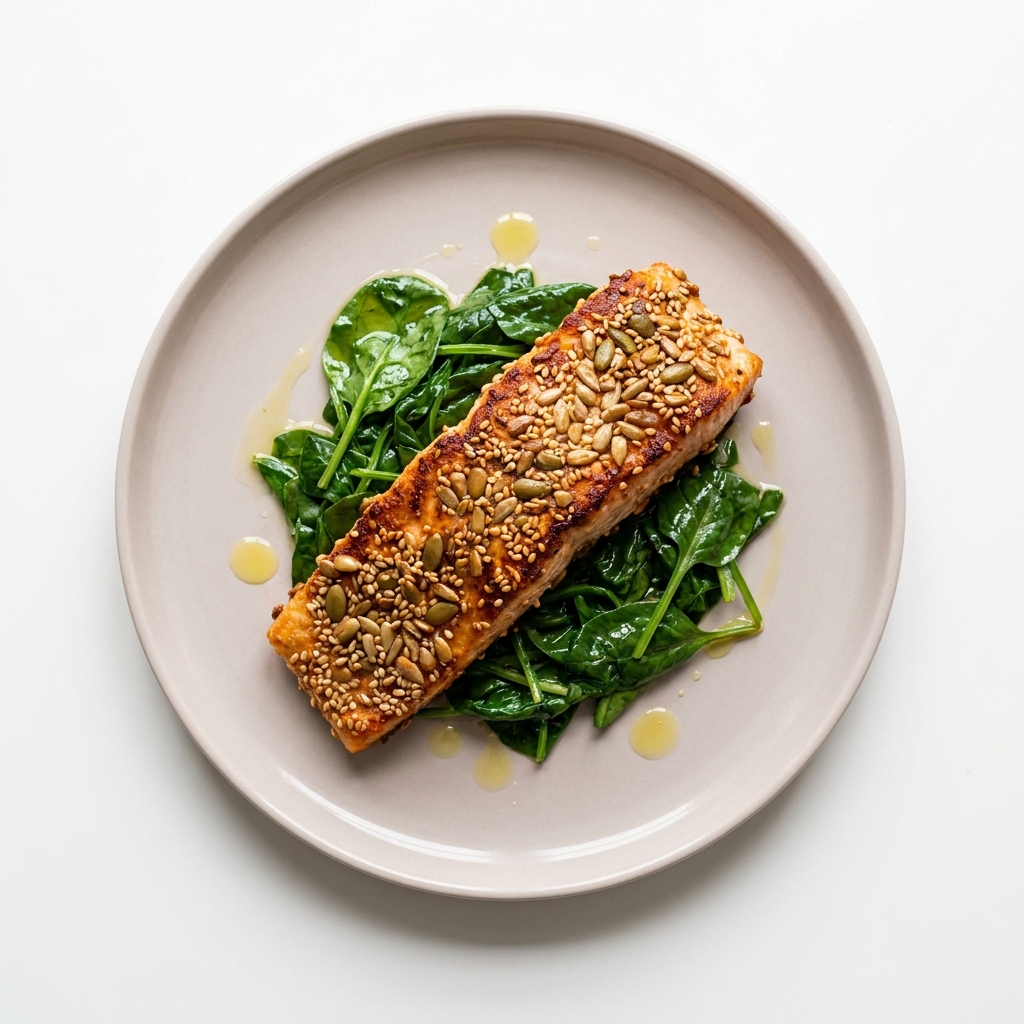 Pan-Seared Seed-Crusted Salmon, prepared as a finished Lila recipe