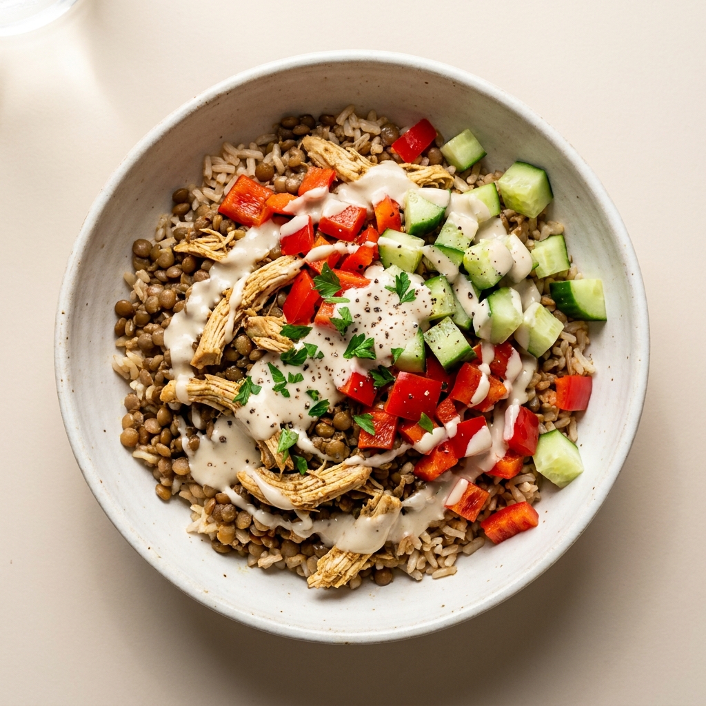 Mediterranean Shredded Chicken & Lentil Bowl with Tahini Drizzle, prepared as a finished Lila recipe