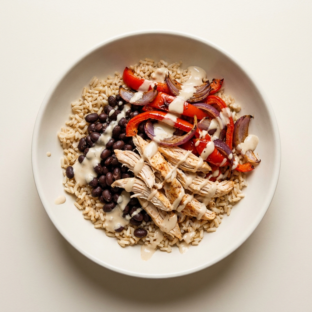 Roasted Vegetable and Chicken Rice Bowl with Tahini Drizzle, prepared as a finished Lila recipe