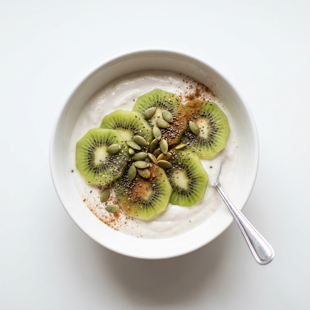 Kiwi Pumpkin Seed Coconut Yogurt Bowl, prepared as a finished Lila recipe