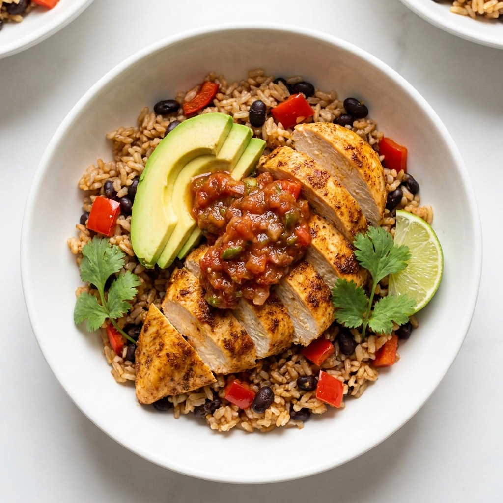 Mexican Chicken Breast Skillet with Rice and Avocado, prepared as a finished Lila recipe