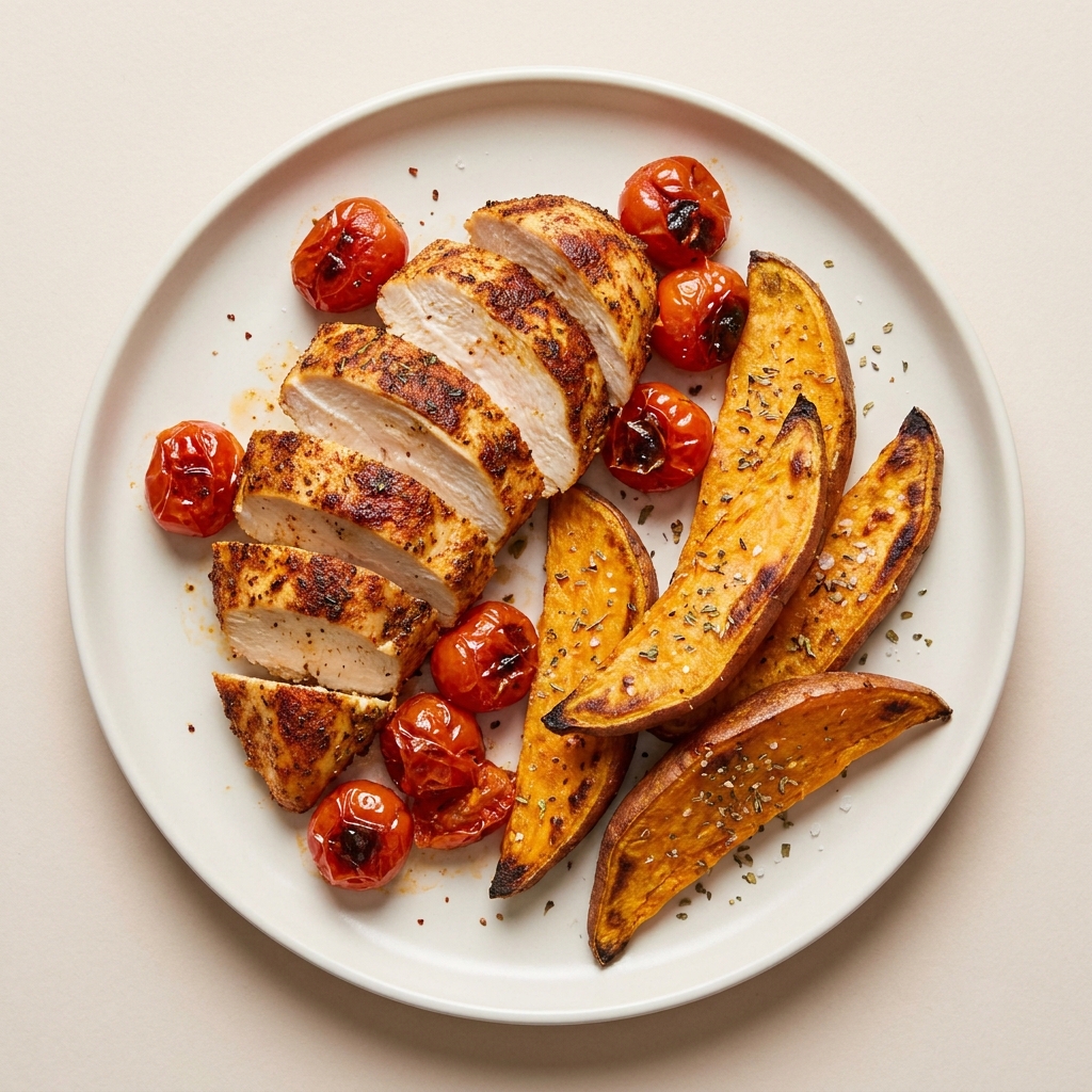 Air Fryer Crispy Chicken with Sweet Potato Wedges, prepared as a finished Lila recipe
