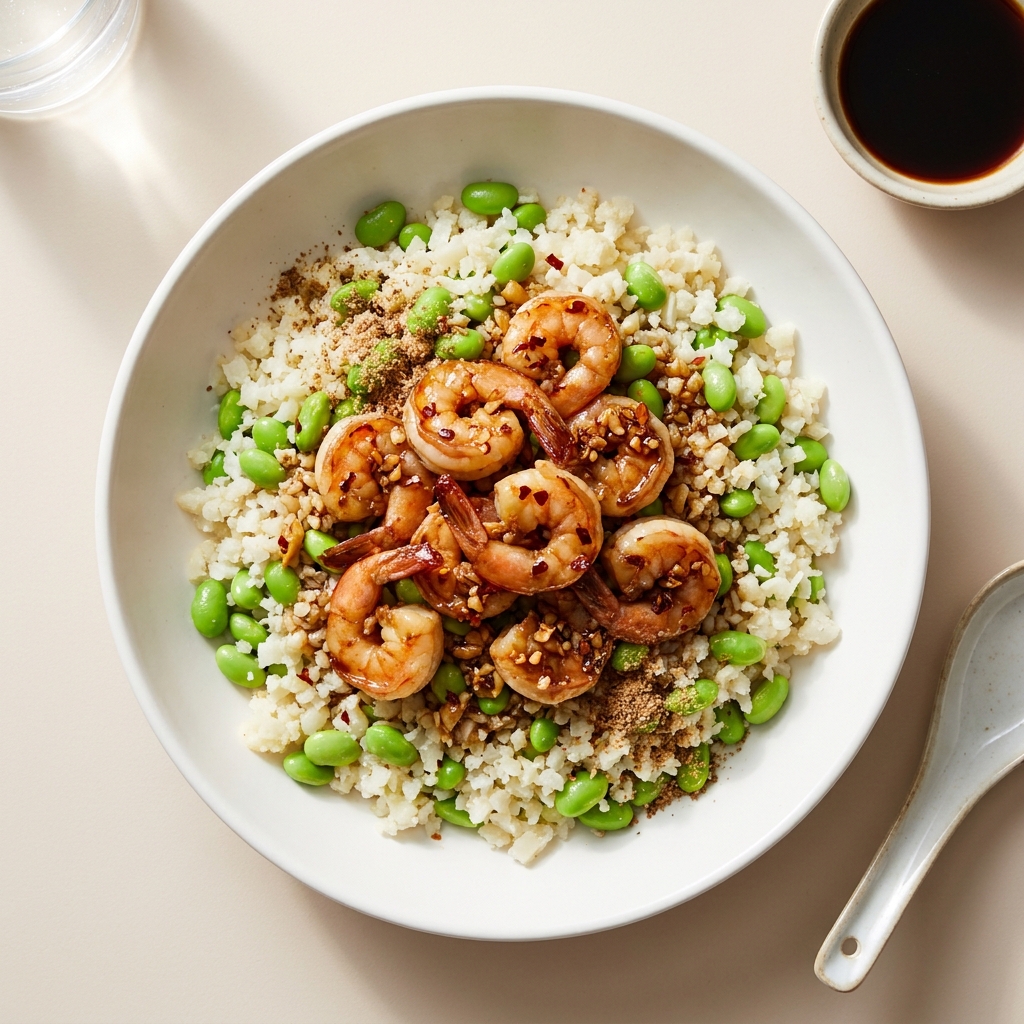 Garlic Soy Glazed Shrimp and Edamame Skillet Bowl, prepared as a finished Lila recipe