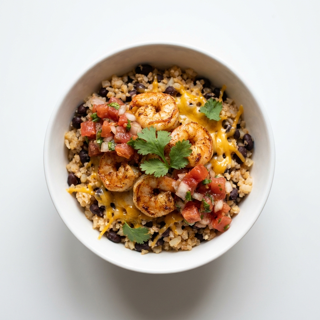 Mexican Garlic Shrimp and Black Bean Taco Bowl, prepared as a finished Lila recipe