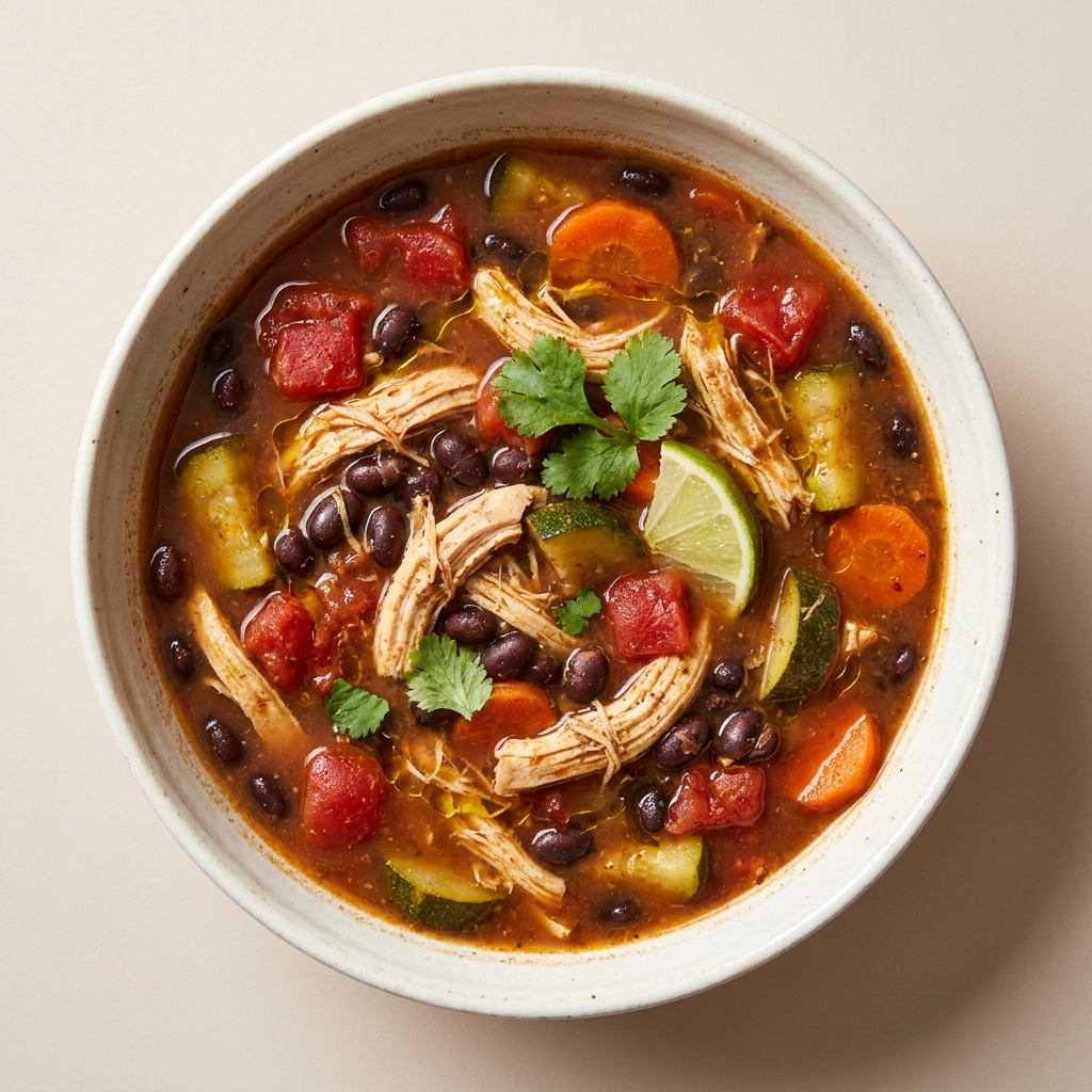 Slow Cooker Mexican Chicken and Black Bean Soup, prepared as a finished Lila recipe
