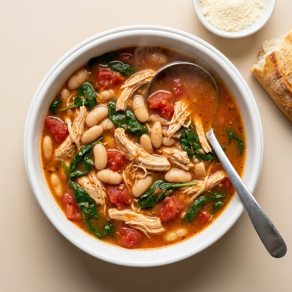 Slow Cooker Tuscan Chicken and Cannellini Bean Soup, prepared as a finished Lila recipe