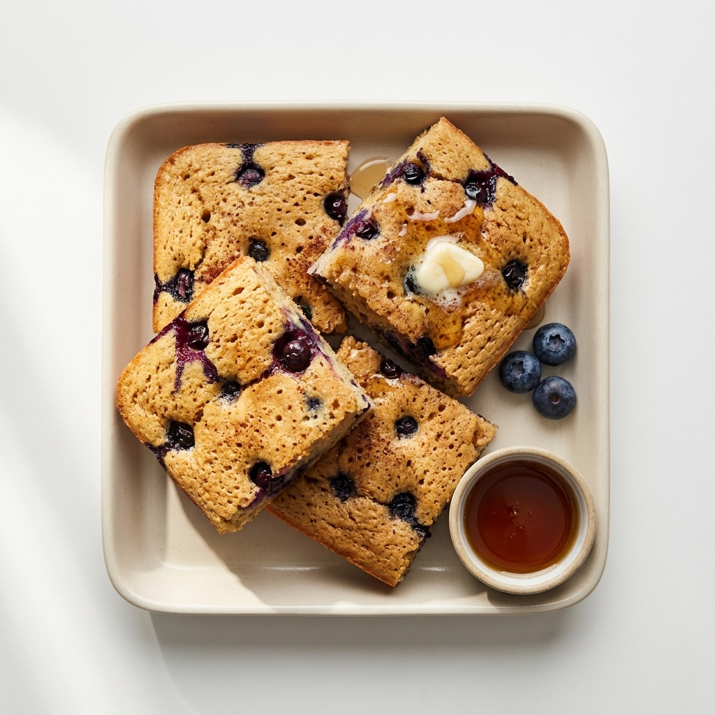 Warm Baked Protein Pancake Squares, prepared as a finished Lila recipe