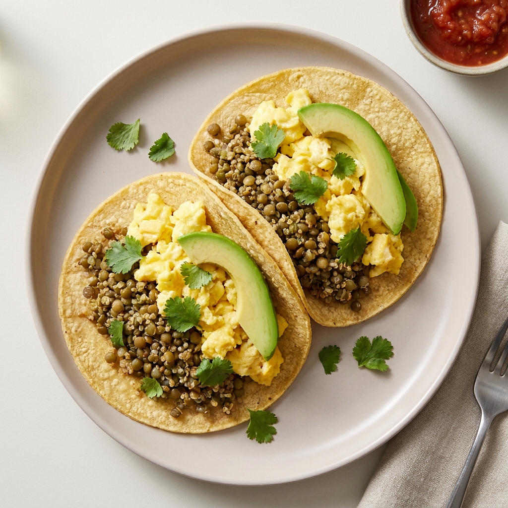 Protein-Packed Lentil and Quinoa Breakfast Tacos, prepared as a finished Lila recipe