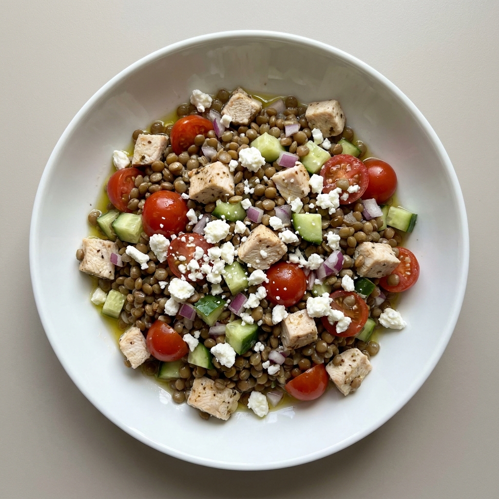 Meal Prep Mediterranean Chicken and Lentil Salad, prepared as a finished Lila recipe